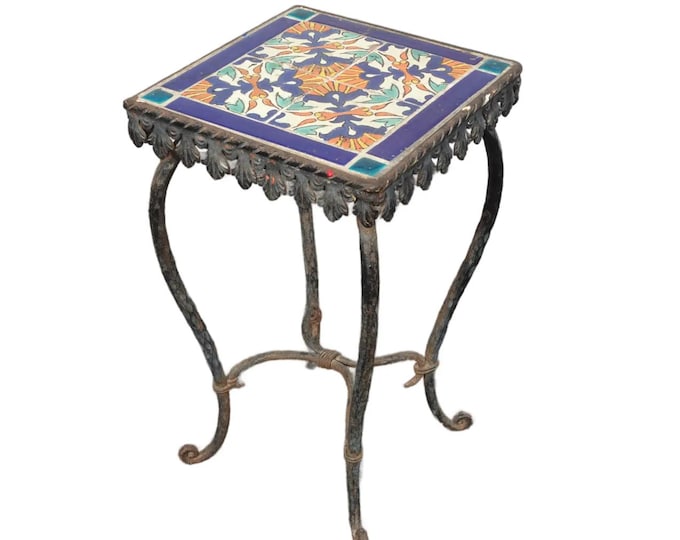 Vintage Spanish Revival Wrought Iron Side Table with Mosaic Tile Top