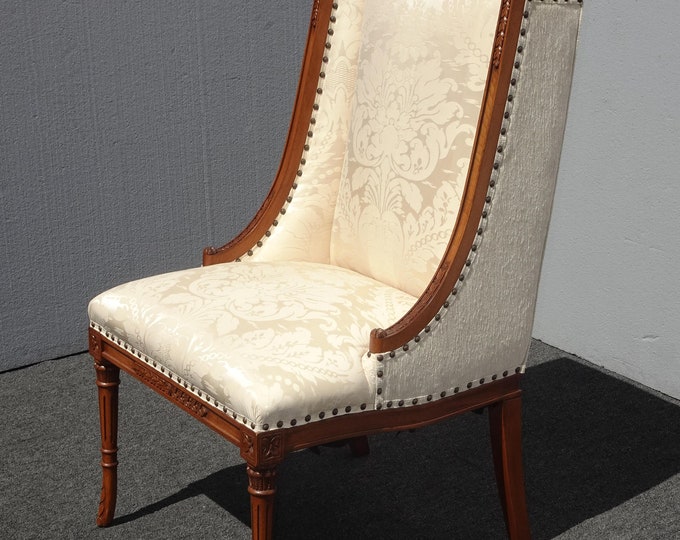 Vintage Traditional French Ornate White Silk Damask Accent Chair w Decor Nails