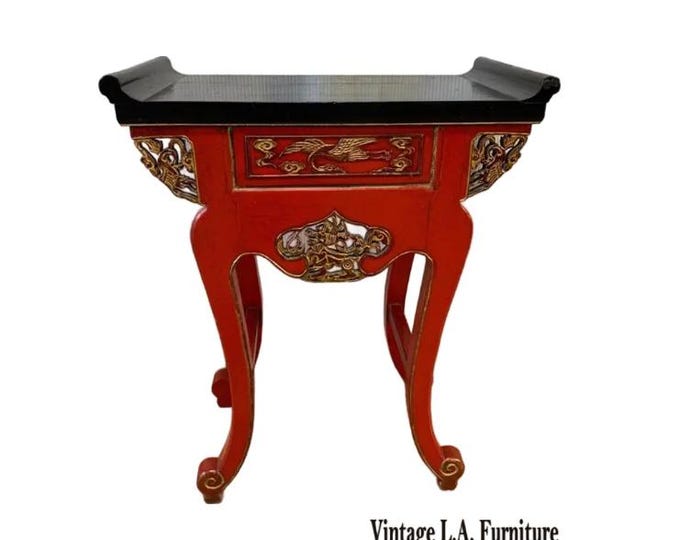 Vintage Chinese Asian Red & Black Lacquer w Gold Trim Side Table, Altar Table