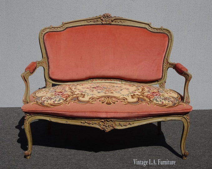 Vintage French Louis XVI Pink Velvet Tapestry Needlepoint Settee Loveseat