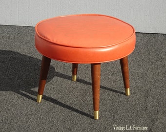 Vintage Mid Century Modern Orange Footstool Bench w Peg Legs Stool Bench