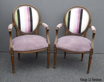 Pair of Vintage Baker Round Back French Provincial Purple Striped Arm Chairs