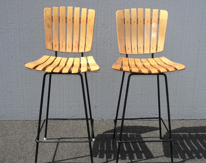 Vintage Mid Century Modern Wood Slats Counter Stool Height ~ Barstools