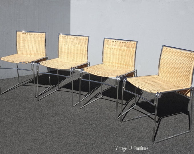 Set of Four Vintage Chrome Rattan Dining Chairs Mid Century Modern