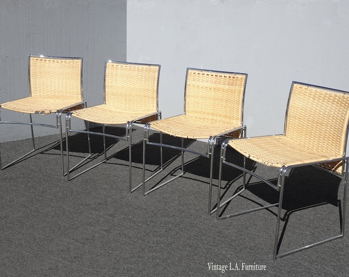 Set of Four Vintage Chrome Rattan Dining Chairs Mid Century Modern