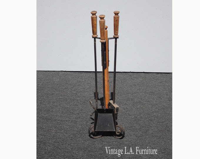 Vintage French Country Fireplace Tools w Wood Handles Set of Three Tools