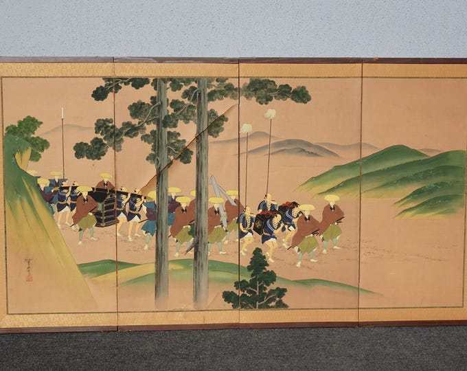 Vintage Japanese Byobu Four Panel Folding Screen Picture Caravan of Men Signed