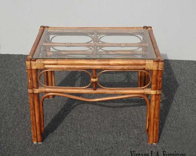 Vintage Mid Century Modern Bamboo Rattan End Table Tiki Palm Beach Style