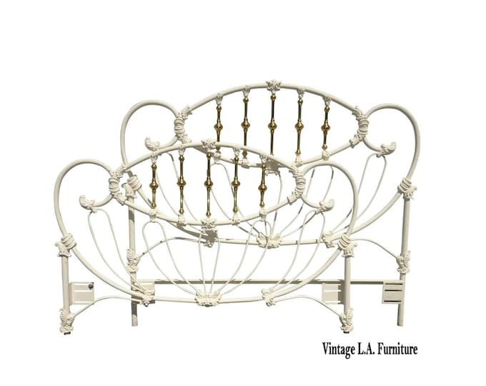 Vintage French Elliott's Designs White Iron Queen Headboard & Footboard