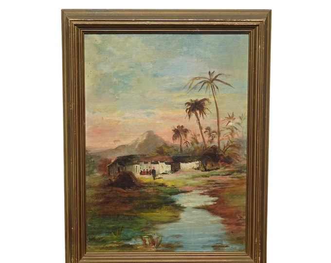 17"H Vintage Oil Board Painting Picture w White House, Rolling Brook, Palm Trees