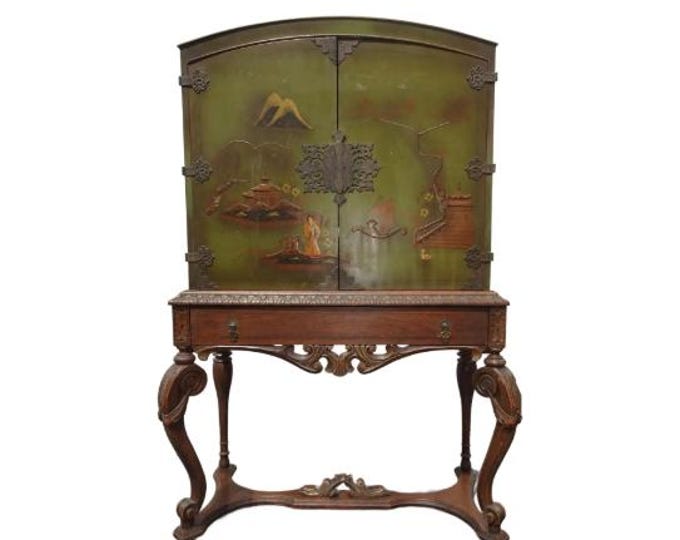 Antique Oriental Asian Chinoiserie Green Display Cabinet Stand w Cabriole Legs