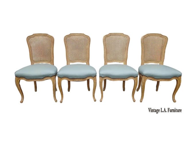 Set of Four Vintage French Provincial Louis XVI Blue Leather Cane Dining Chairs