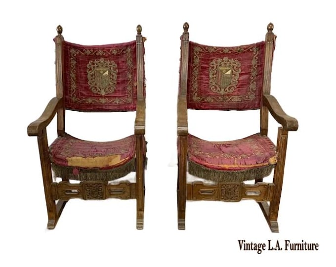 Pair of 17th Century Spanish Style Friar Fraileros Carved Accent Arm Chairs