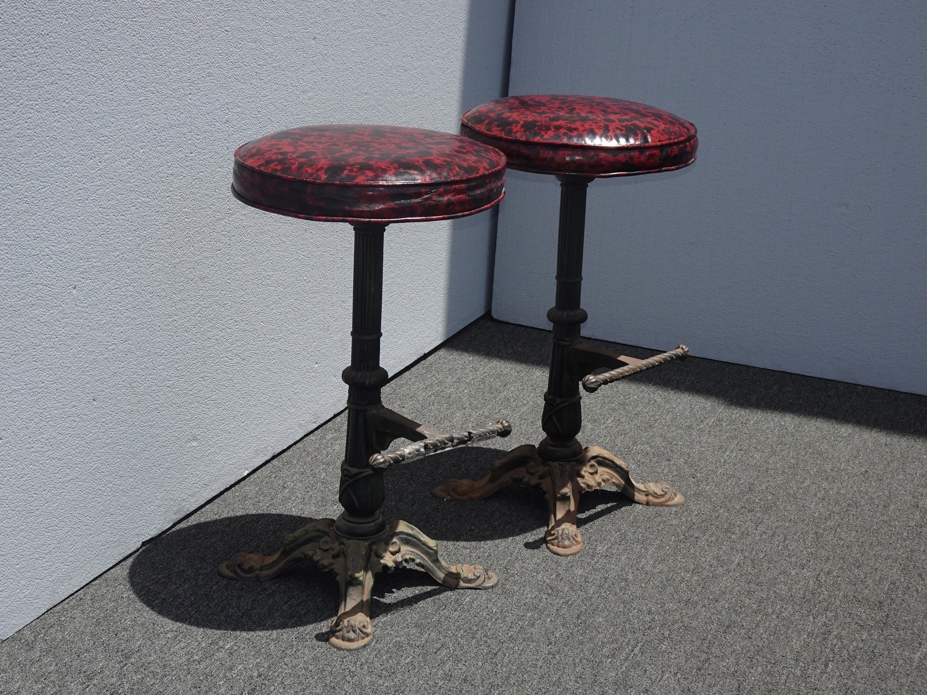 Pair Vintage Spanish Style Wrought & Cast Iron Red Barstools Bar Stools