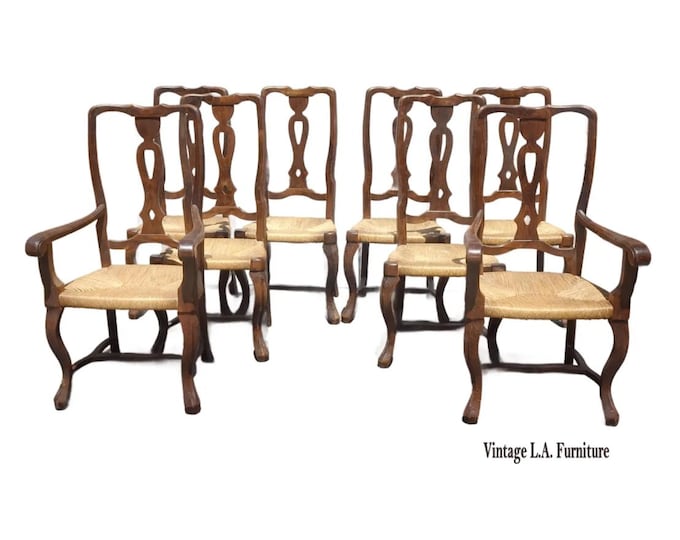 Set of Eight Vintage French Country Rush Seat Dining Chairs