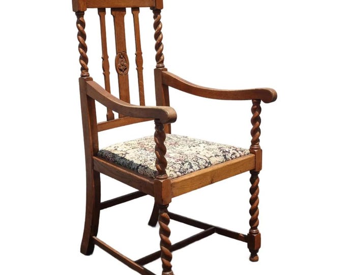 Vintage French Country Brown Barley Twist Arm Chair ~ Floral Seat