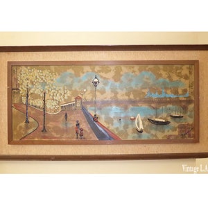 Vintage Mid Century 1970's Oil Picture Painting Harbor City Sceneby Fairchild image 1