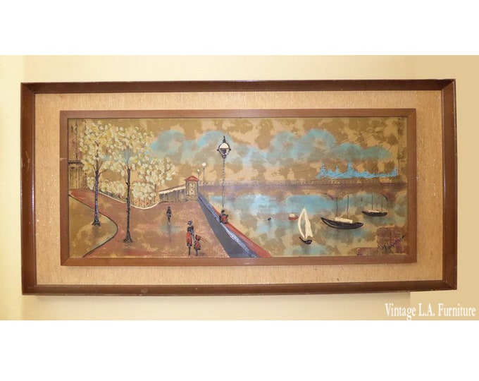 Vintage Mid Century 1970's Oil Picture Painting "Harbor City Scene"by Fairchild