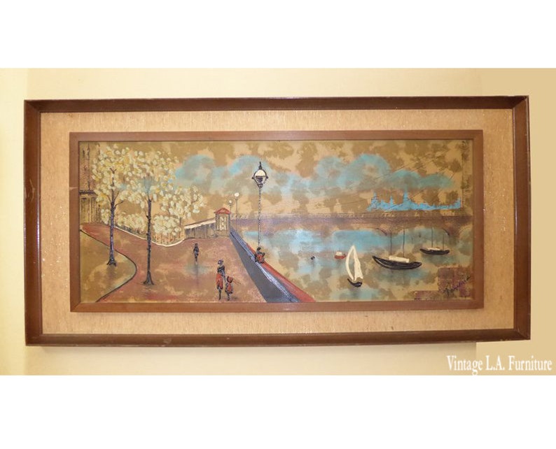 Vintage Mid Century 1970's Oil Picture Painting Harbor City Sceneby Fairchild image 1