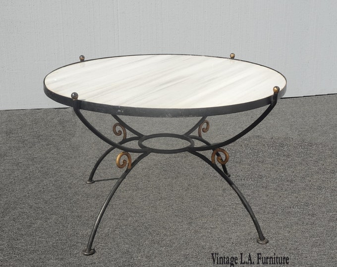 Vintage Spanish Style Wrought Iron w White & Gray Marble Top Coffee Table