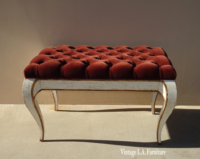 Large Vintage French Provincial Country Burgundy Velvet Bench w Cabriole Legs
