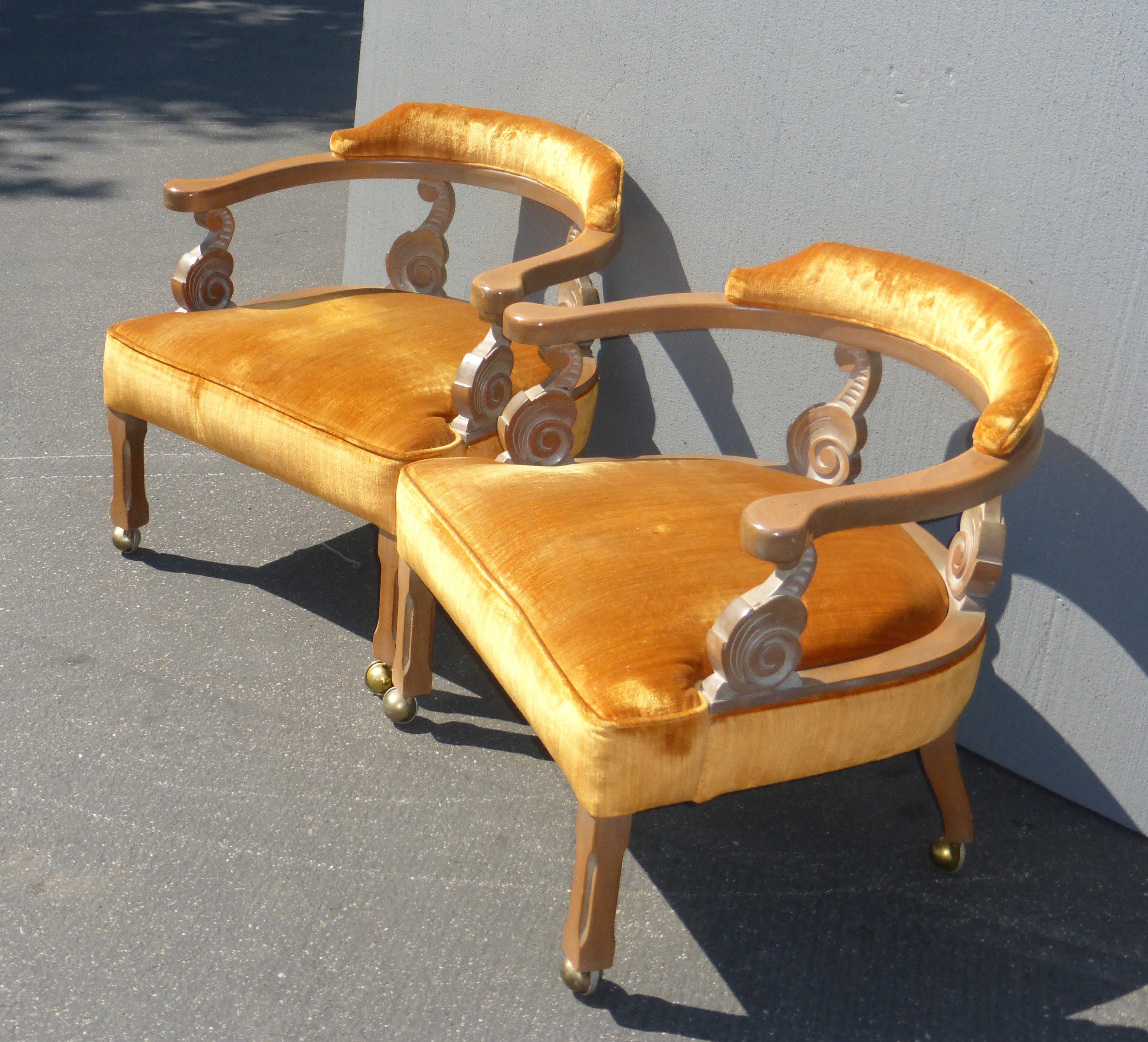 Pair of Two Vintage Hollywood Regency Style Orange Velvet Scrolled Arm