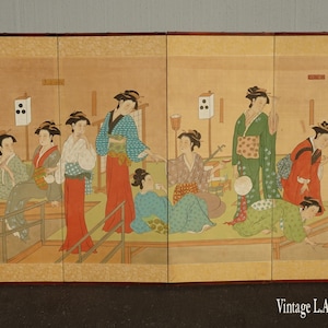 Vintage Japanese Oriental Asian Four Panel Wall Screen Picture w Geisha Women