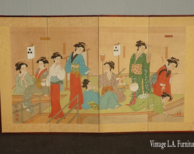 Vintage Japanese Oriental Asian Four Panel Wall Screen Picture w Geisha Women
