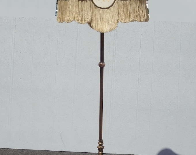Vintage French Victorian Floor Lamp Light w Fringed Lamp Shade & Onyx Base