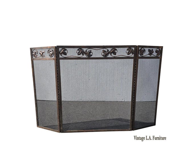 Vintage French Country Brown Fireplace Screen w Mesh