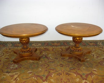 Pair Vintage Hollywood Regency Gold Gilt Round End Tables Carved Night Stands