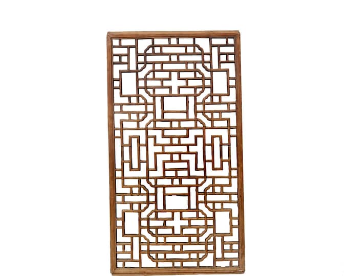 Vintage Asian Brown Teak Lattice Chinese Wood Screen Panel Wall Decor