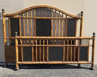 Vintage Baker Furniture Bamboo Coastal King Bed Frame Headboard Black Lacquer