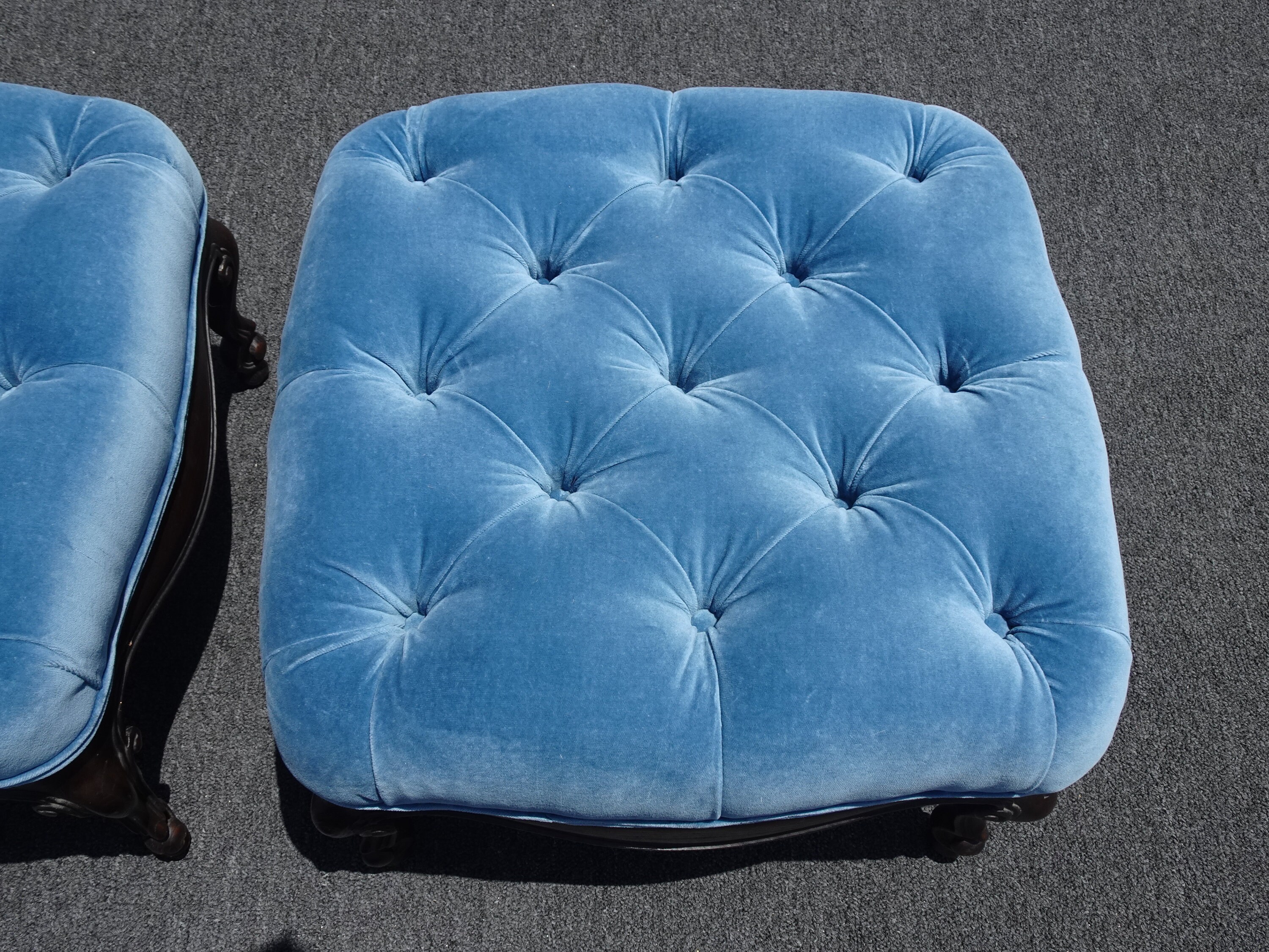 Pair of Vintage French Country Blue Tufted Velvet Ottomans w Cabriole Legs