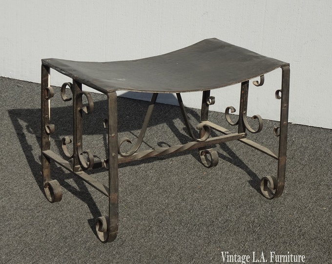 Vintage Spanish Style Wrought Iron Black Bench with a Metal Seat