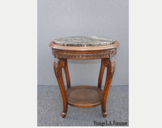 Antique Italian Carved Wood & Cane Two Tier Marble Top Side Table