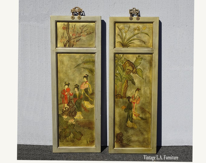 Vintage Oriental Asian Gold Two Panel Wall Screen Picture ~ Geishas
