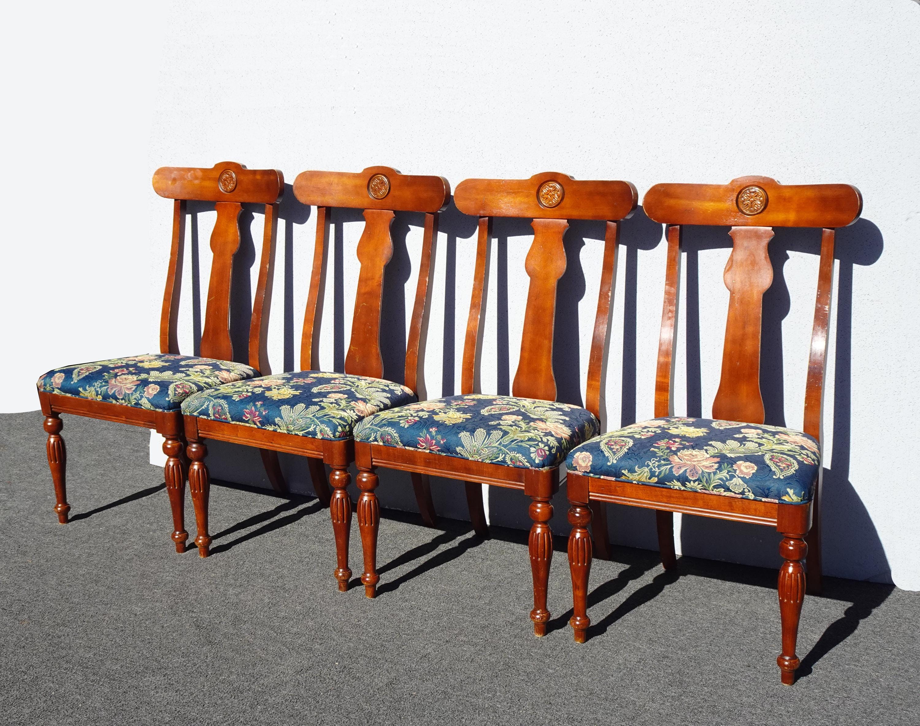 Set of Four Vintage Ethan Allen Dining Room Chairs w Blue Floral Fabric