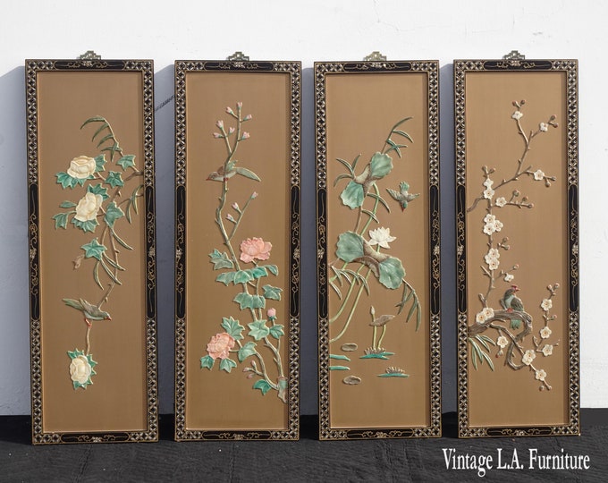 Vintage Oriental Asian Gold Four Panel Screens Picture Tree Limbs Flowers Birds