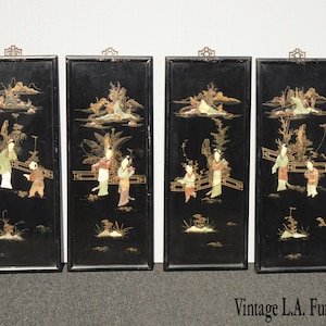 Vintage Black Oriental Asian Wall Four Panel Screen Picture w Geisha&#39;s