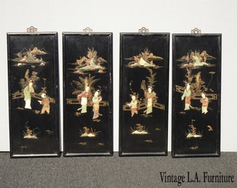 Vintage Black Oriental Asian Wall Four Panel Screen Picture w Geisha's
