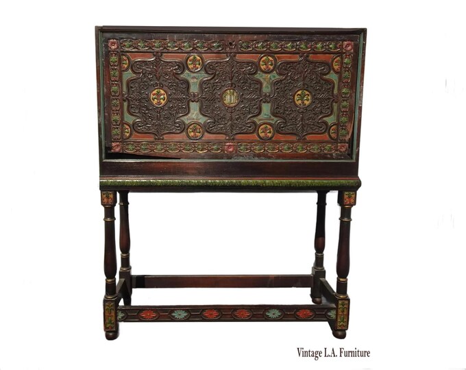Antique Spanish Style Carved Vargueno Bargueno Drop Front Secretary Desk Cabinet