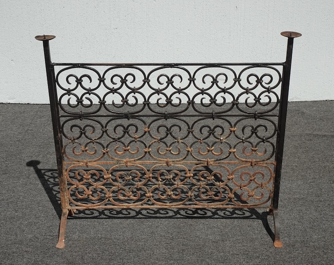 Vtg French Country Black Rustic Wrought Iron Fireplace Screen w Candle Holders