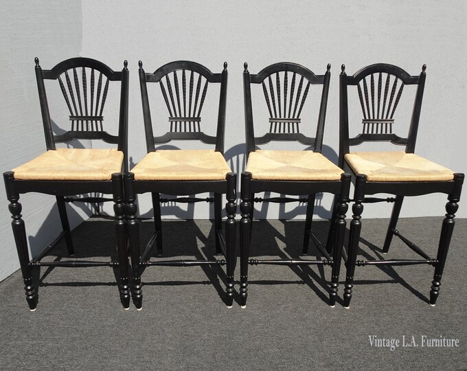 Set of Four Black Ethan Allen Rush Barstools Bar Stools ~ French Country