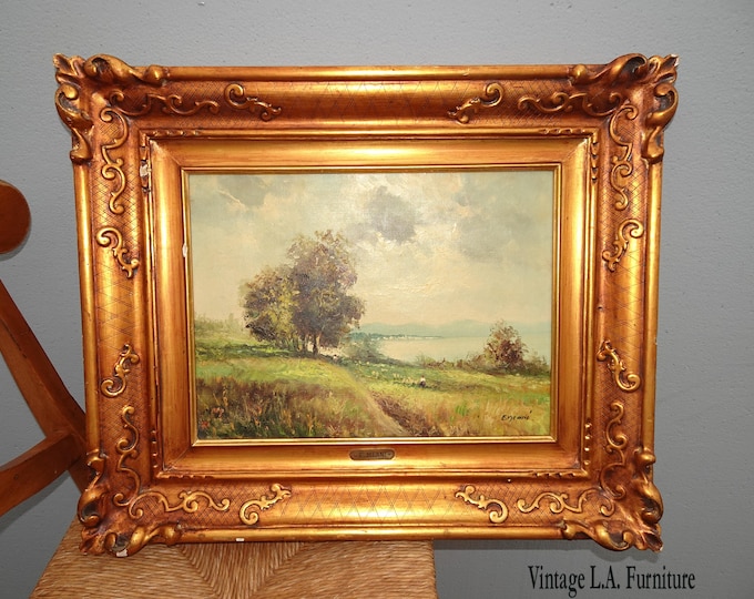 Vintage Oil Canvas Picture Painting 2 Women in a Field Along a Bay by E. Meani