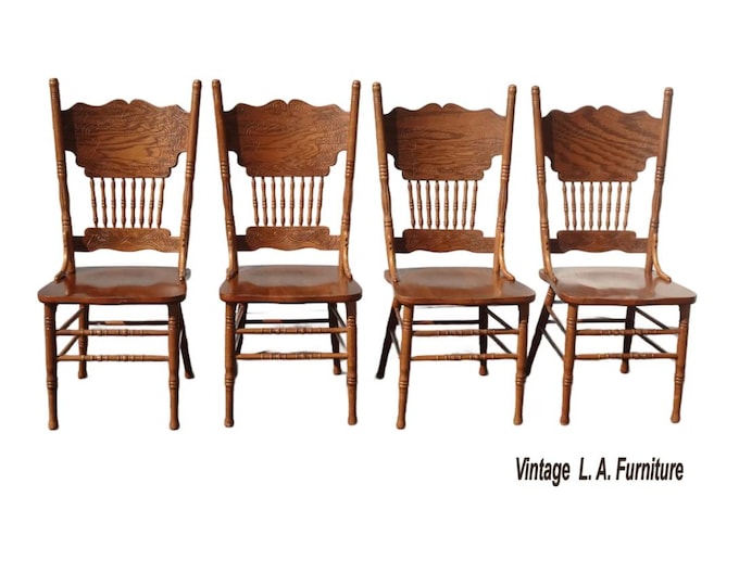 Set of Four Vintage Oak Pressback Dining Room Chairs ~ French Country 1of2
