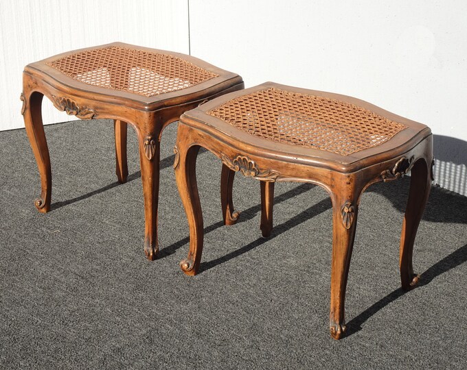 Pair of Vintage French Country Cane Benches with two Blue Floral Cushions