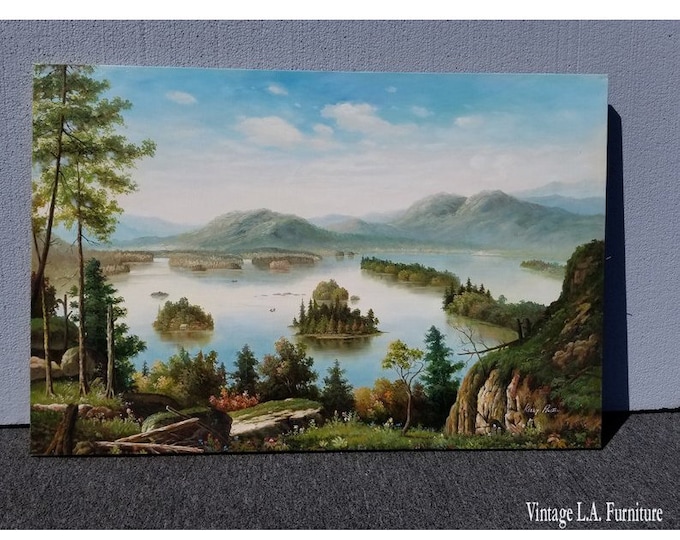 Vintage Oil on Canvas Picture Painting Forest Scene and Lake by Kelly Austin
