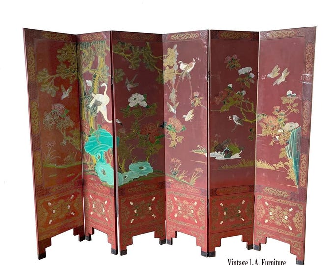 Antique Oriental Asian Red Coromandel Six Panel Folding Screen Birds in Garden