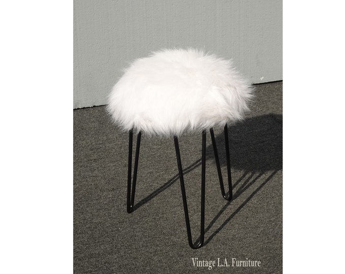 Modern White Faux Mangolian Fur Stool Footstool w Black Hairpin Legs